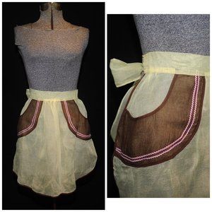 Vintage 50s Yellow Organza Fancy Hostess Apron Brown Circle Pockets w/ Rick Rack